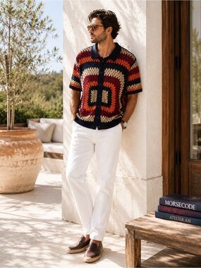 MORSECODE New Crochet Sweater Shirt LARGE Short Sleeve Multicolor Knit‎ MCQ1001